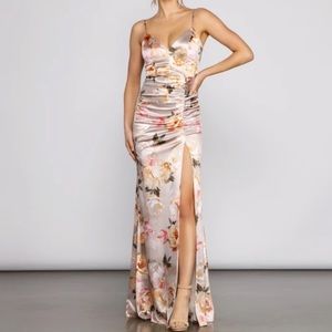 Satin Floral Floor Length Dress